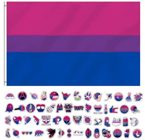 Bi Flagge, Bisexual Pride Flagge mit 60 Aufklebern, Bunte Farben für Pride Events und LGBTQ+ Feiern, 1 Stück Flagge und 60 Aufkleber Set