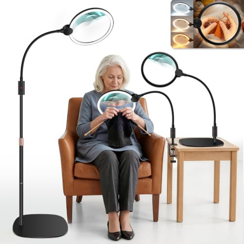 NZQXJXZ Loupe Grossissante Rechargeable 10X avec Lumière et Support | Lampe Loupe 3-en-1 sur Pied/Bureau/Pince, Grande Lentille HD 7”, 3 Modes de Couleur, LED Réglable pour Couture Réparation