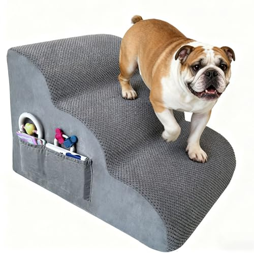 Hundetreppe 3 Stufen mit Taschen & Griff, Hochdichtes Schaummodell Grau | Gelenkschonende Sanfte Steigung; Wasserdichte Innenfolie; Komplett Abnehmbarer Stoffbezug; Passend Sofa Bett