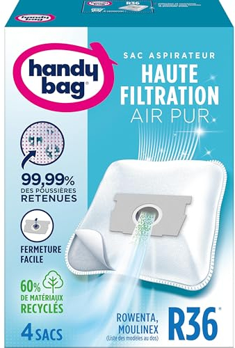 Handy Bag Staubsaugerbeutel, für Staubsauger Rowenta, luftdichter Verschluss, Filter Öko Moulinex und Rowenta 4 Sacs weiß