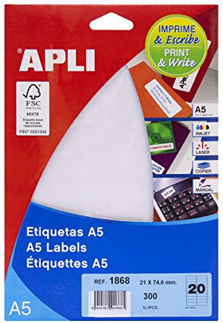 APLI 1868-Etiketten A5 weiß 21,0 x 74,6 mm 15 Blatt