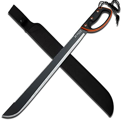 Jungle Master – Machete w/Reverse Serrations – Black/Satin Blade, Full Tang, Black/Orange Rubberized Nylon Fiber Handle, Nylon Sheath, Outdoor, Hunt, Camp, Hike, Survival, JM-024L