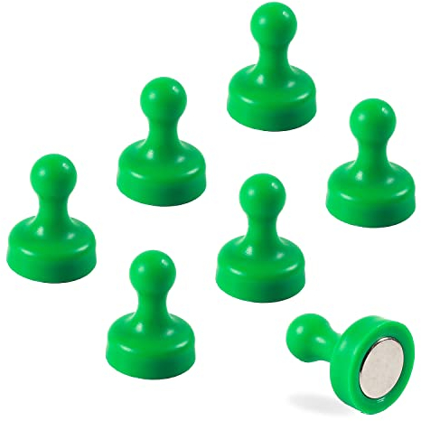 7 x Extra Strong Magnetic Push Pins Neodymium Magnets - Perfect for Maps, Whiteboards, Memos, Fridges, Homes, Schools and Offices [Assorted Colours] (Green, Large (7 Pins))