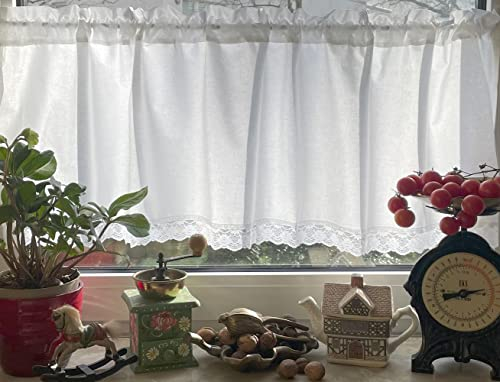 Leinenshop24 Bistrogardine Kurzgardine Weiß mit Spitze 100% Baumwolle 140 x 45 cm Landhaus Shabby Retro Irma