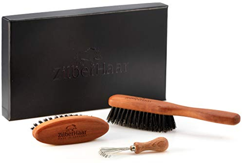 ZilberHaar Bartbürsten-Pflegeset für Männer - 1 Bartbürste + 1 Taschenbürste + 1 Bürsten Reinigungswerkzeug - Steife Wildschweinborsten und Birnbaumholz - Medium bis Lang, Dicke Bärte