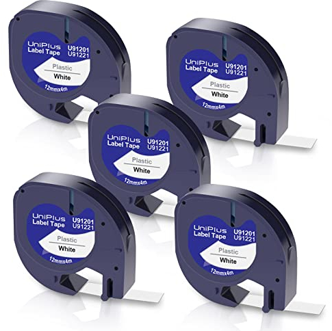 UniPlus 5x Kompatible 91221 Etiketten für Etikettenband 91221 91201 S0721660 12mm x 4m Kunststoff Schriftband für LT-100H LT-110T LT-100T XR 200B Schwarz auf Weiß