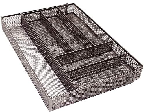 COOLPEEN Cutlery Tray, 6 Compartments Mesh Kitchen Drawer Cutlery Organizer Storage, Expandable Utensil Drawer Organizer with Non Slip Foam Feet, Kitchen Storage & Organization for Home Office (Brown)