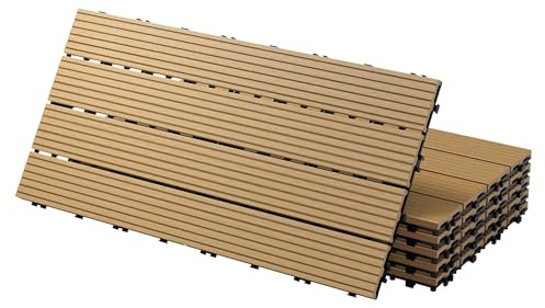 ECD Germany WPC Terrassenfliesen 60x30 cm/18 Stück=3m², Teak, geriffelt, Holzoptik, Bodenbelag mit Klicksystem und Drainage, Terrassendielen Balkonfliesen, Klickfliesen für Terrasse, Garten und Balkon