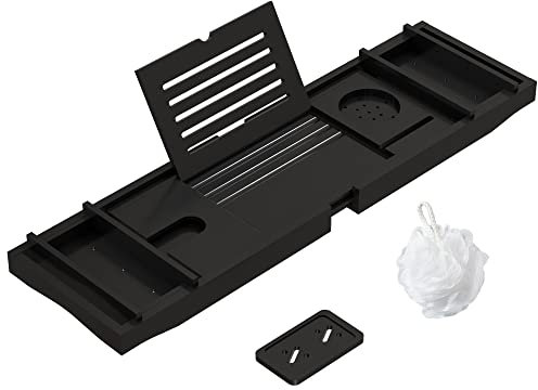 Bamboo Bathtub Tray Bath Tub Caddy with Expandable Handles Wine Glass Phone Holder Book Stand for Bathroom Luxury Spa Wooden Bath Table Board for Reading Laptop Over The Clawfoot tub Black