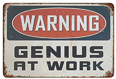 Larkverk Warnung Genius at Work Lustiges Schule Büro Bar Man Cave Retro Blechschild Vintage Metallschild für Zuhause Bar Büro Wanddekoration Geschäft Wandbild Badezimmer Schild 30,5 x 20,3 cm