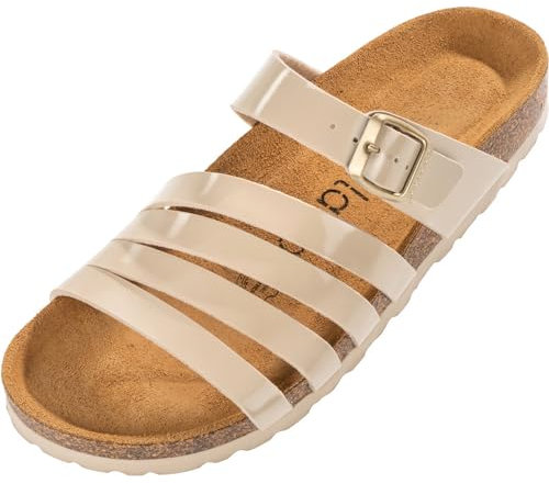 Palado Damen Pantoletten Roma - bequeme Sandaletten mit Kork-Fussbett - modische Hausschuhe mit verstellbarem Riemen - Sandalen für Frauen mit Leder-Laufsohle Lack Beige UK6 - EU39