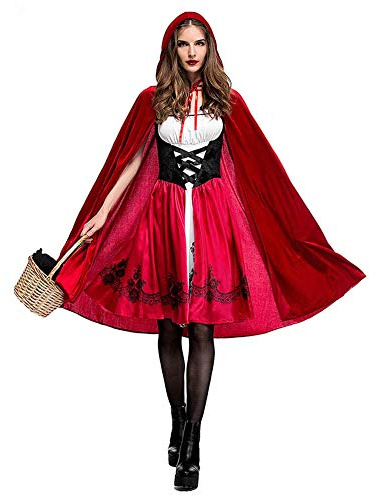 Odizli Rotkäppchen Kostüm Damen Erwachsene Prinzessin Kleid mit Red Riding Hood Mantel Umhang Halloween Weihnachten Karneval Cosplay Party Verkleidung Faschingskostüme Rotkäppchen L