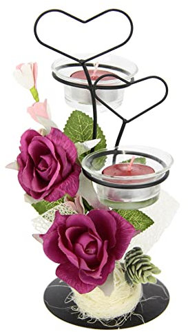 Dekorierter Teelichthalter aus Metall mit Glaseinsatz Teelichtkerze Herz und Kunstblumen Kerzenständer Kerzenhalter Tischdeko Kerzen Ostern Muttertag Valentinstag Hochzeit Hochzeitsdeko Windlicht