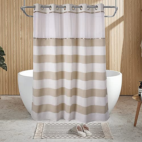 Ecoehoe Duschvorhang mit Polyester-Magnetverschluss, 180 x 188 cm (B x H), gestreift, mit Netzfenster, Hellbeige und Weiß