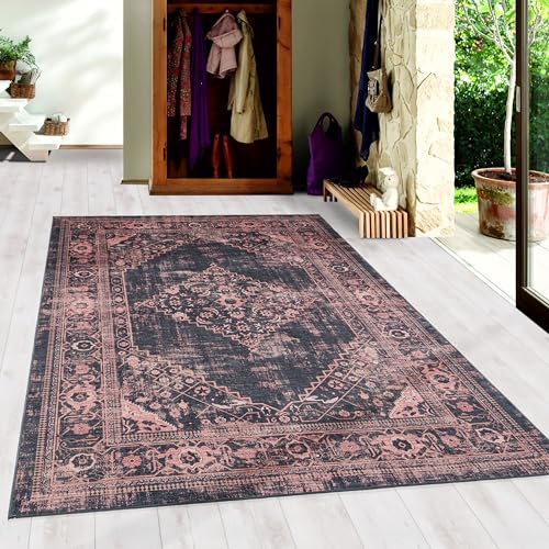 Vintage Stil Teppich Wohnzimmer Kurzflor Waschbarer Teppich Orient Design Esszimmer Schlafzimmer Flur Küchenteppich Weich & Flauschig Pflegeleicht Läufer Teppich in Farbe: Rot, Grösse: 80 x 250 cm