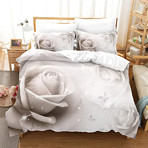 3D Imprimé Housse De Couette 240 X 260 Rose Blanche + 2 Taies D'oreillers 65x65cm - Microfibre Parure De Lit 240x260cm, Housse Couette Adaptées Aux Adultes Et Aux Enfants