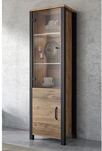 Lomadox Wohn-/Esszimmer Vitrine mit LED Beleuchtung in Appenzeller Fichte Nb. mit schwarz supermatt, B/H/T ca. 56/191/43 cm