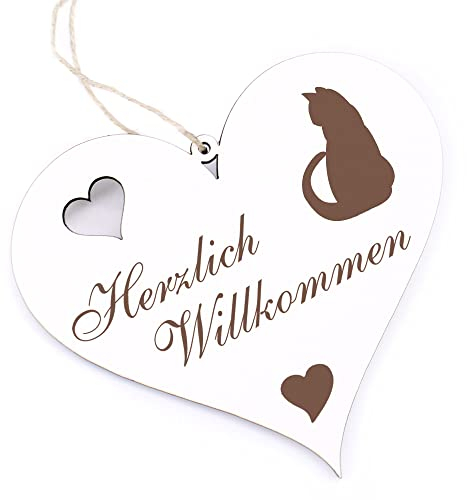 Herzlich Willkommen Schild - Katze Silhouette - Deko Herz Holz Willkommensschild Türschild Dekoschild Türdeko