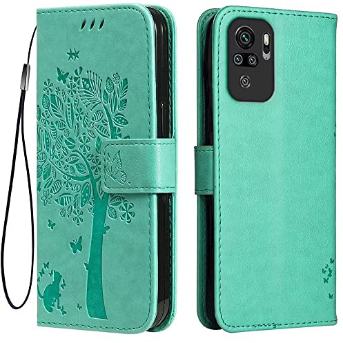 Topme Leder Tasche Hülle für Redmi Note 10S / Redmi Note 10 (4G) / Poco M5s (6.43 Inches), [Katzen- Und Baummuster-Stil Handytasche] - Grün
