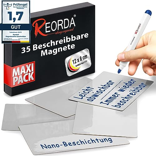 Reorda® Magnetstreifen beschreibbar - 35 Stück wiederbeschreibbar – 12 x 8 cm Grau | Beschreibbare Magnete für Whiteboard, Kanban, Magnettafel | Beschriftbare Magnete für den Kühlschrank