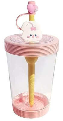 Kawaii Leakproof Juice Bottle Cutecore DIY Sticker Rabbit Straw Coffee Cup Fairycore Aesthetic Portable Plastic Cup (Pink,535ml)