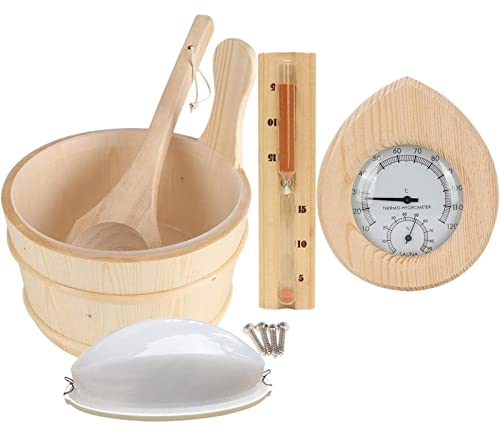 Seau de Sauna en Bois - Seau de Sauna avec louche | Accessoires de Sauna Seau de Sauna avec louche de Sauna Sablier Thermomètre et hygromètre Abat-Jour antidéflagrant