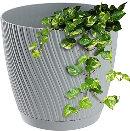 KADAX Pot de fleurs avec soucoupe - En forme de vague tridimensionnelle - En plastique - Pot décoratif pour fleurs, cactus et herbes - 15 cm - Gris
