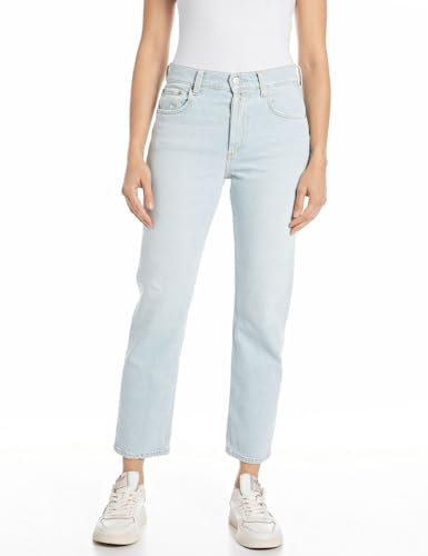 Replay Damen Maijke Straight Rose Label Jeans, 010 Light Blue, 26W / 30L EU