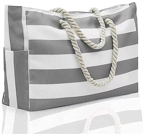Godoboo Extra Große Strandtasche Wasserdicht Strandtasche Mit Reißverschluss Beach Bag Familie Bag Reisetasche Tote Bag Badetasche Schultertasche Shopper Streifen Navy