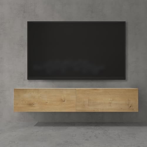 doporro Meuble TV Bas 160x40,2x30cm Armoire TV Blanc Mat + Marron Clair Table de Télévision Salon avec Portes Meuble TV Suspendu MBTV02