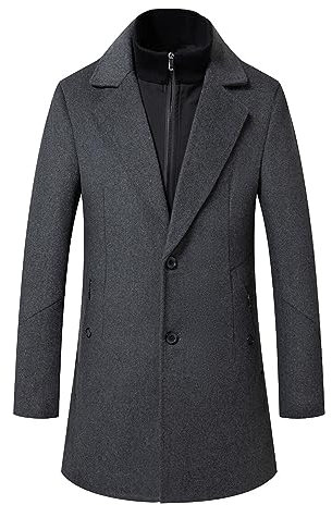 Sliktaa Mens Winter Warm Wool Coat Trench Coat Middle-Length Business Woolen Jacket Casual Scarf Overcoat,Grey,L