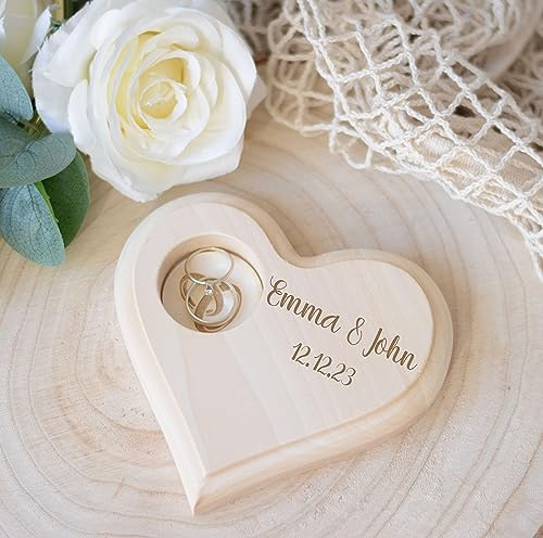 Generisch Herz Ringkissen Hochzeit Holz personalisiert, Ringbox Vintage Stil, Holzscheibe Trausringe, Ringkissen Hochzeit Standesamt Holz, Ringschatulle Hochzeit (Naturholz)
