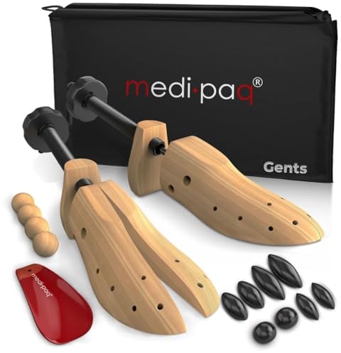 Medipaq - 2x Two Way Adjustable Premium Gents Pine Shoe Stretchers - UK Size 7-12 Shoe Tree with Cedar Balls and Drawstring Bag - Wooden Shoe Stretcher for Men - Wooden Shoe Tree for Men