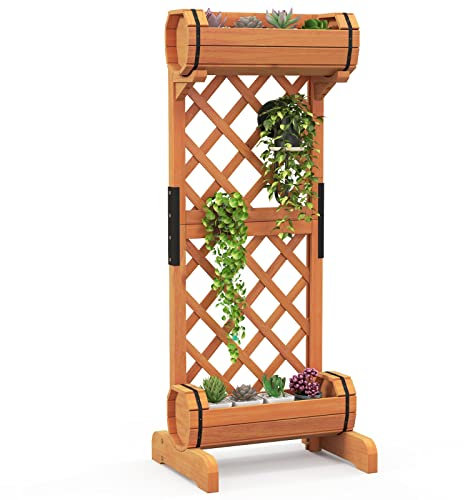 GYMAX Fioriera Rialzata da Giardino con 2 Cassette Cilindriche e Traliccio in Legno per Rampicanti Viti Fiori, per Esterno Interno Balcone, 45,5 x 36 x 112 cm