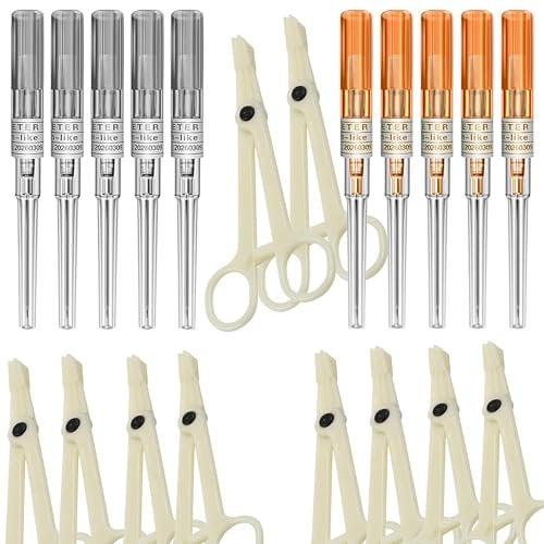 Unihuby Piercing Clamp Kit, 10Pcs Catheter Needles and 10PCS Disposable Piercing Pliers Round 14 16 Gauge IV Needles Slotted Forceps for Body Piercing Navel Tongue Eyebrows Fingers Nose