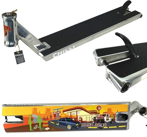 Chilli PRO Scooter Sign,Gary Ably Street 56cm x 13cm Stunt-Scooter Park I Hybrid I Deck I Trick I Tret I Roller I Zubehör I Ersatz I mit Griptape poliert Silber