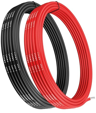 Gruiqrd Filo in silicone a 14 gauge 14AWG cavo elettrico 5 m, 2,5 m nero e 2,5 m rosso, flessibile, 400 fili, filo di rame stagnato ad alta temperatura da 0,08 mm per auto RC, marine, batterie