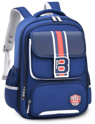 IvyH Schulrucksack Jungen 2-5 Klasse, 20 Liter Ergonomischer Kinder Rucksack für Grundschule, Wasserdicht Schulranzen Kinder Schultasche für Junge, 8-12 Jahre, Marineblau Rot