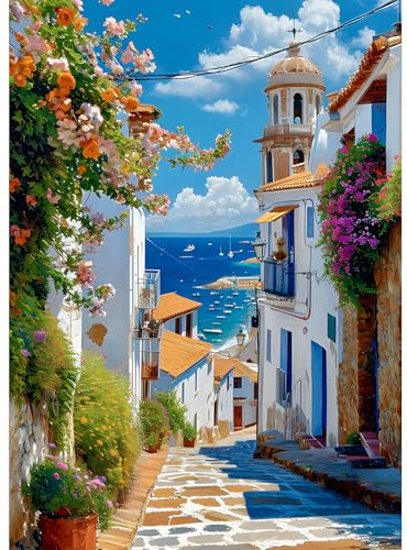 DPHERO DIY Meerblick Diamant Painting Bilder für Erwachsene Anfänger,5D Blumen Diamond Painting Set,DIY Runde Steine Landschaft Diamant Kunst Kits,Haus Diamant Painting für Zuhause Dekor 30x40 cm
