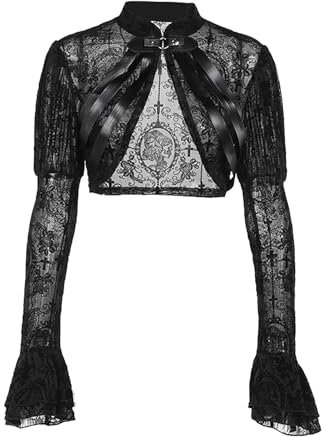 YINGWIN Women Goth Tops Punk Cover Ups Mesh Crop Top See Through Sexy Long Sleeve Blouse Y2k Black Rave Outfit Top