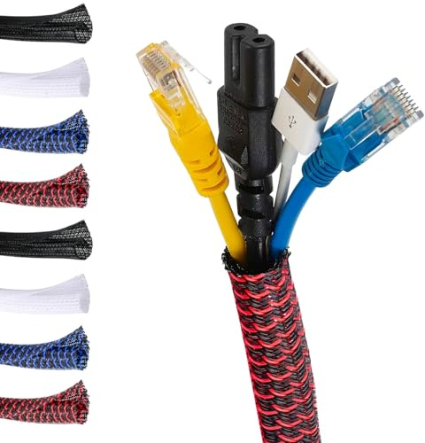 MarketConnect® Gaine Câbles Auto-Fermeture Ø 32mm, L 8m • Range et Cache les Câbles • Idéal pour Bureau et TV • NOIR-ROUGE
