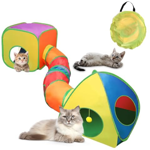 ACNCN Cat Tunnel, Pop-Up Collapsible Cat Toy for Indoor/Outdoor Play, Interactive Maze for Cats, Kittens, Puppies, Rabbits, Guinea Pigs, and Small Pets(Rainbow(3 in 1 Combination))