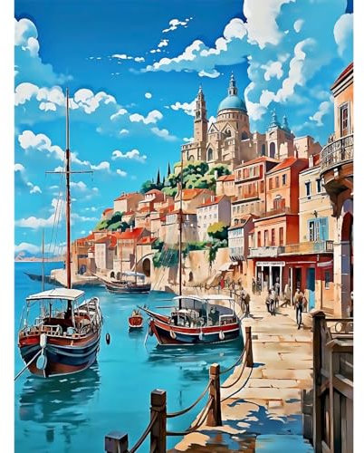 Yaostarart Paint by Numbers for Adults,Seaside Town Adult Paint by Numbers Canvas Kits,Boat Paint by Number Canvas,Number Painting Adults for Gifts Home Wall Decor 12x16inch
