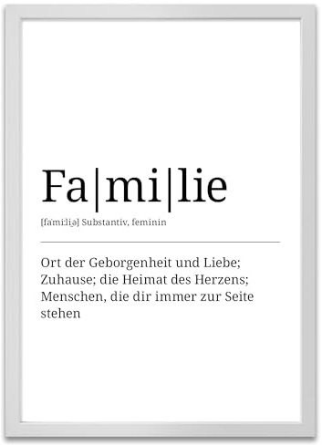 ARTFAVES® Poster Definition Familie | Worterklärung Duden Lexikon Wanddeko Wandbild Spruch als Geschenk | mit Rahmen Holz Weiss | 30 x 40 cm