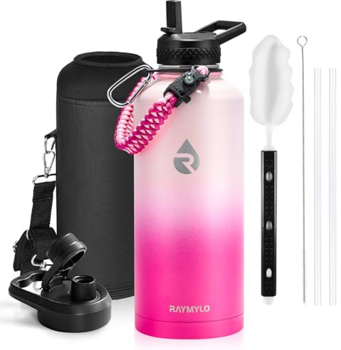 RAYMYLO Insulated Water Bottle 87 oz, Triple Wall Vacuum Stainless Steel (Cold for 48 Hrs), Leak Proof & Non-BPA, Modern Water Flask Jug with Paracord Handle & Straw Spout Lids, Ombre Pink