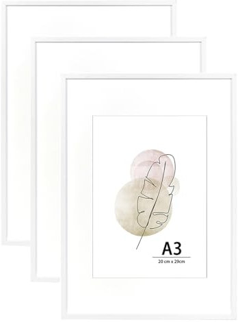 KAIWIN Bilderrahmen A3 Weiß Holz Fotorahmen 3er Set Holzrrahmen mit Passepartout zum aufhängen Benutzt für Wohnzimmer, Schlafzimmer, Arbeitszimmer, für Fotos, Kunstwerke und Poster