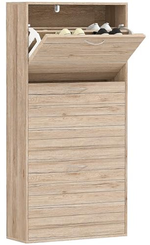 HOMCOM Narrow Shoe Cabinet, Slim Shoe Storage Cabinet with 3 Flip Drawers, 12 Pair of Shoes Organizer Hallway Entryway, Oak Wood Grain