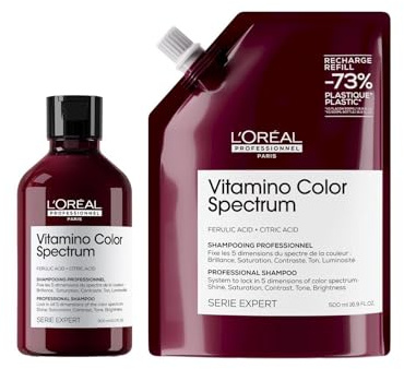 L'Oréal Professionnel Vitamino Color Spectrum Shampoo 300ml & Refill pack 500ml, For coloured hair, With Ferulic Acid + Citric Acid, Lock in day 1 colour vibrancy for 100 days, Colour protection