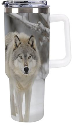 Tasse isotherme en acier inoxydable de 1,2 l avec poignée, deux loups marchant dans la neige, bouteille d'eau en acier inoxydable, résistante à la chaleur, étanche, convient pour les porte-gobelets de