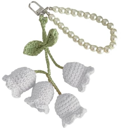 divuukyi Auffälliger gehäkelter Blumen-Schlüsselanhänger, handgefertigt, gestrickt, Blumen, Taschenanhänger, Perlen, Charm-Schmuck für Schlüssel und Rucksäcke, weiß, About 14cm long